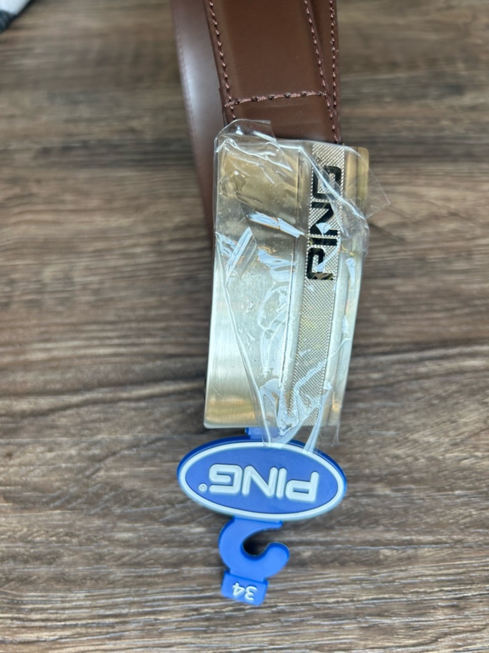 Ping Men's Brown Leather Belt with Brushed Gold Buckle New